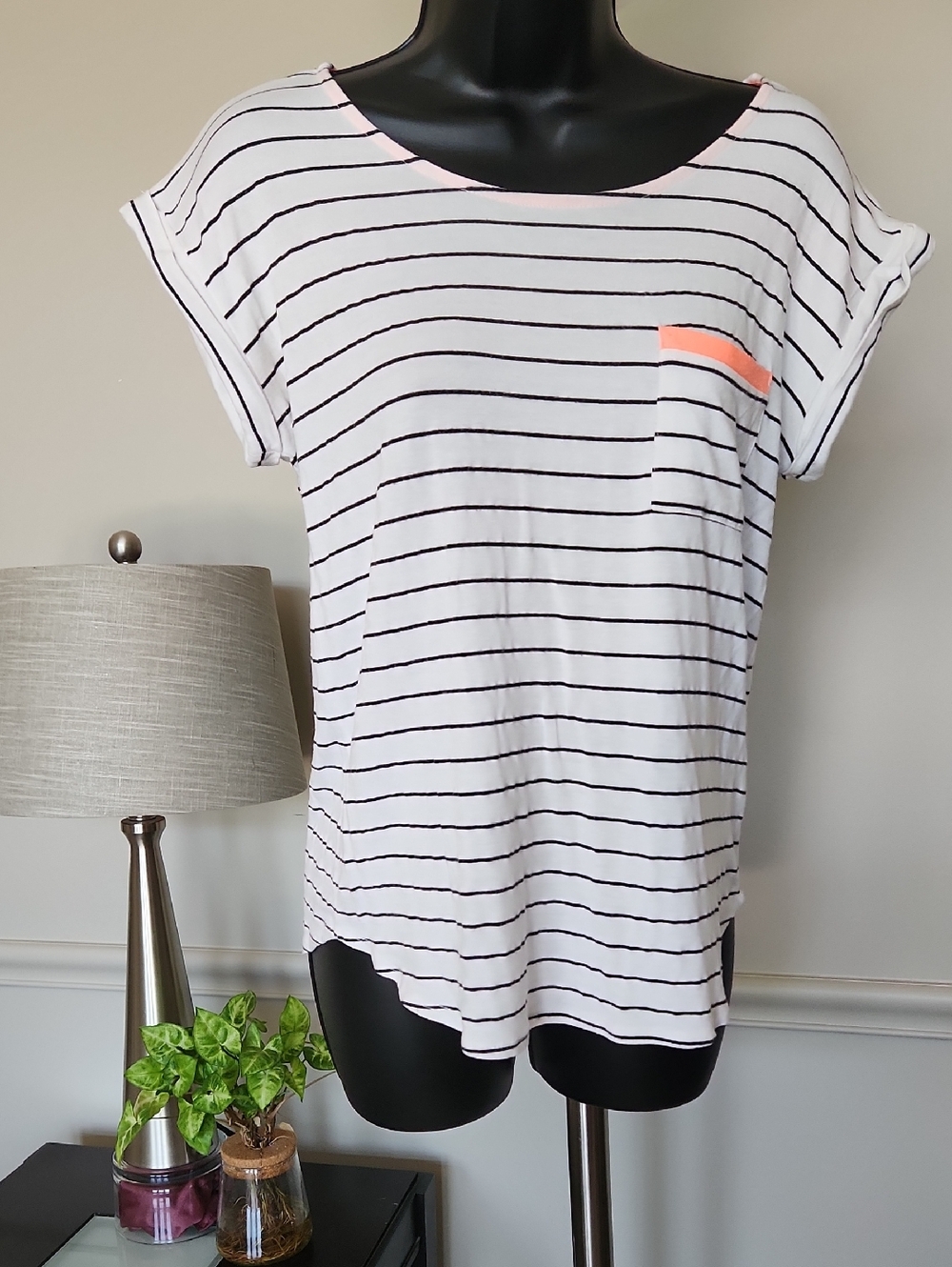Papermoon White Black Striped Short Sleeve Tee with Coral Pocket